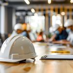 hard hat on the table in the office with people wearing construction blurred background.